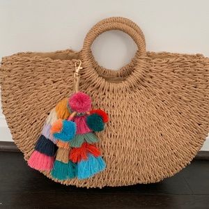 Basket Weave Handbag with Colorful Pompom Charm